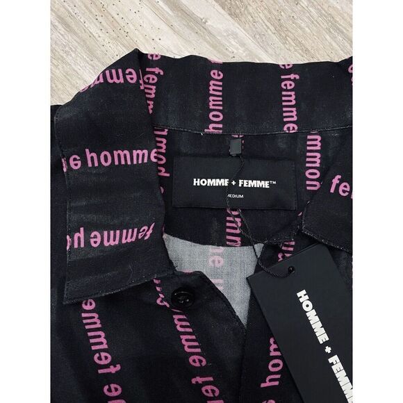 Homme + Femme Striped Logo Button Down Shirt Short Slv Black Purple Men’s Medium - Picture 3 of 4